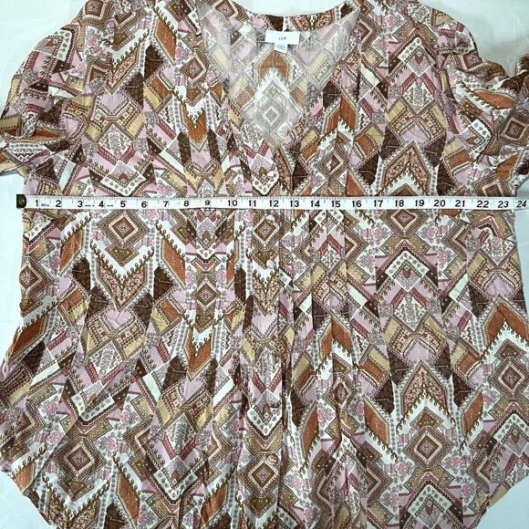 J. Jill woman size 1X Pin-tuck Tunic 100% Rayon‎ Top Earthy Peach Tribal Print - Picture 3 of 8
